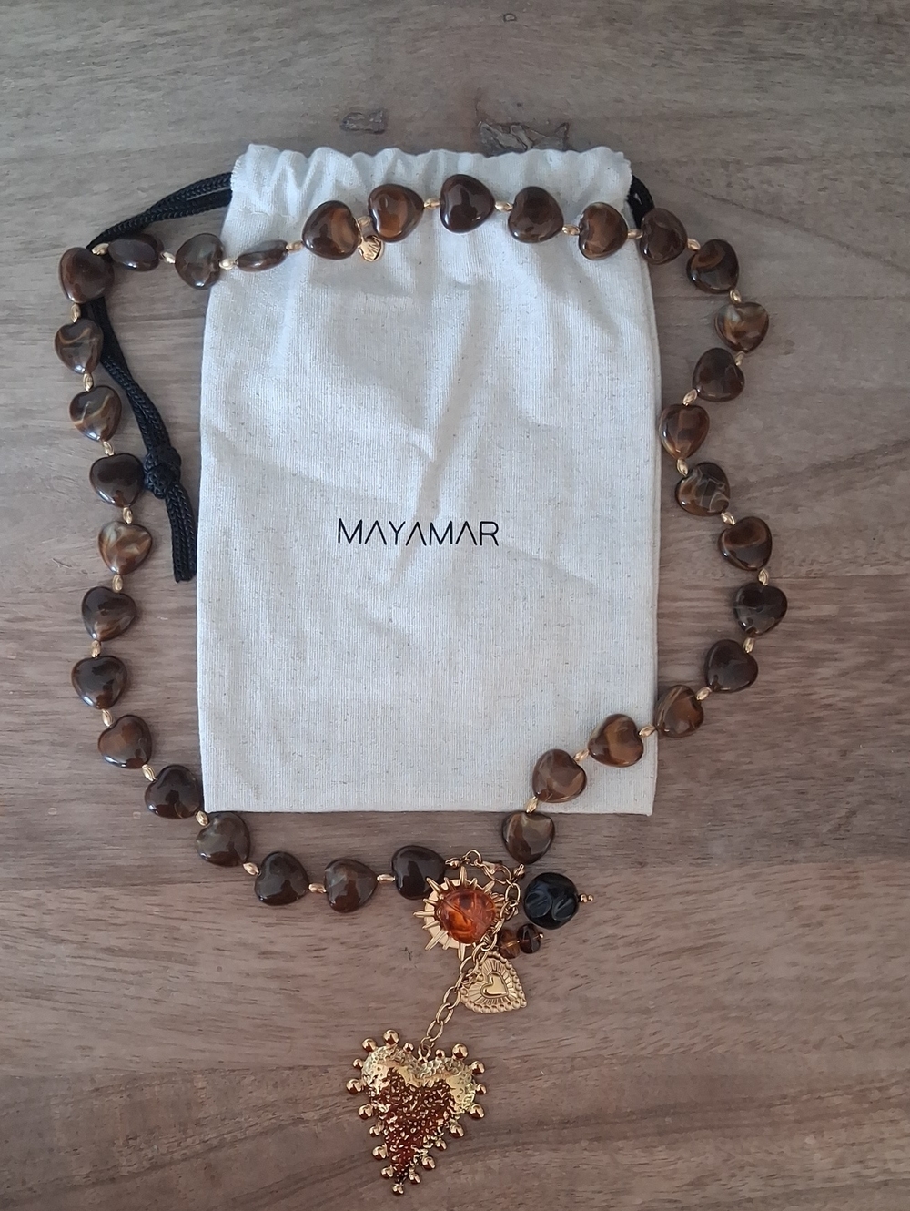 Brown Heart Bead Necklace with Gold Charm